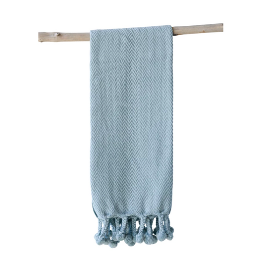 Light Blue Herringbone Pom-pom Throw Blanket