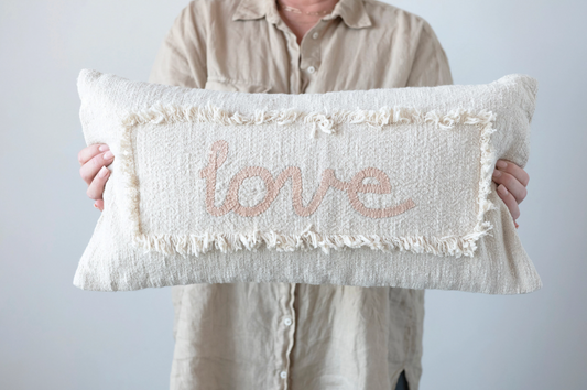 "Love" Cotton Embroidered Lumbar Pillow with Fringe