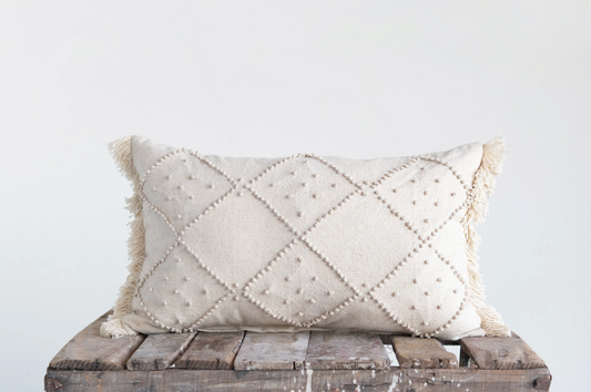 Cream Lumbar Pillow with French Knots & Fringe