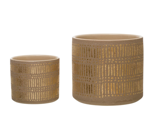 Neutral Stoneware Planter with Gold Pattern