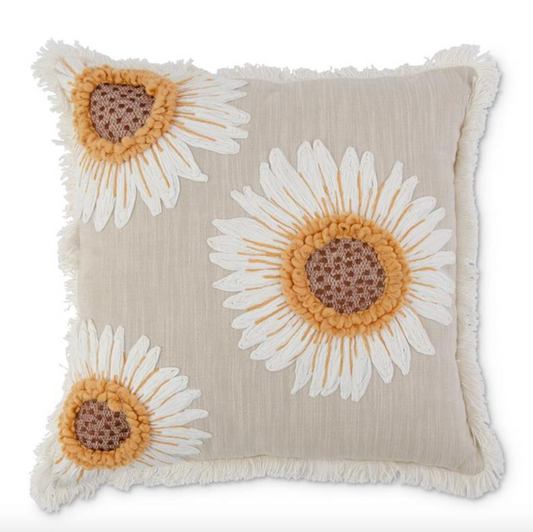18 Inch Square Tan Linen Embroidered Sunflower Pillow