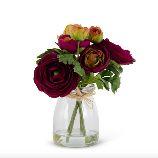 6.75 Inch Purple Ranunculus Bouquet In Glass Vase