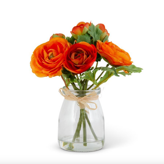 6.75 Inch Orange Ranunculus Bouquet In Glass Vase