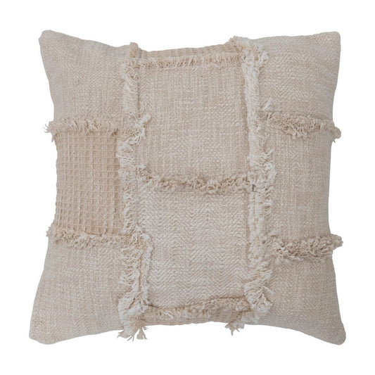 Cream Woven Cotton & Wool Patchwork Pillow with Frayed Edges