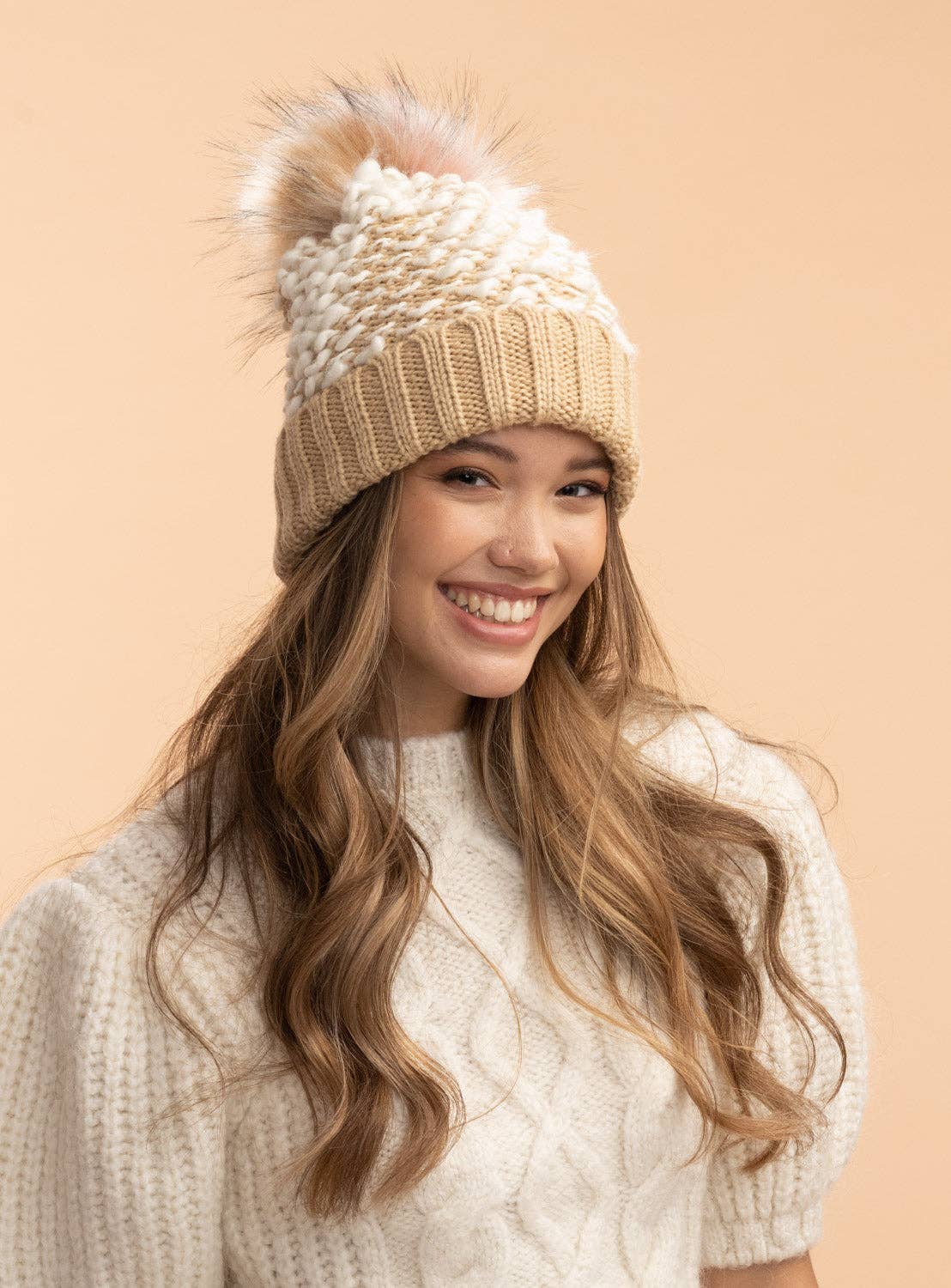 Harmony Faux Fur Beanie: Beige