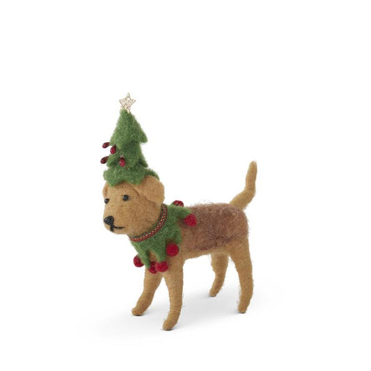 6 Inch Brown Wool Dog with Tree Hat