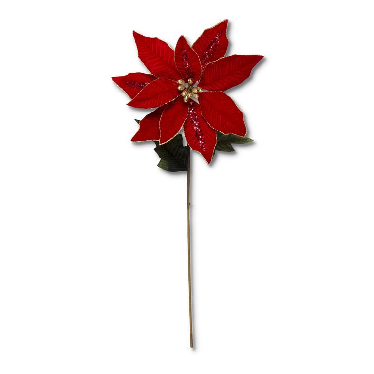 30 Inch Red Velvet Poinsettia Stem with Sequins