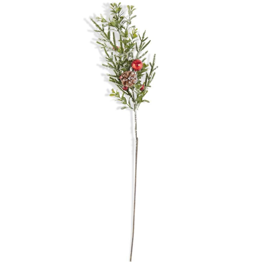 25 Inch Red Bell & Pinecone Snowy Leaf Stem