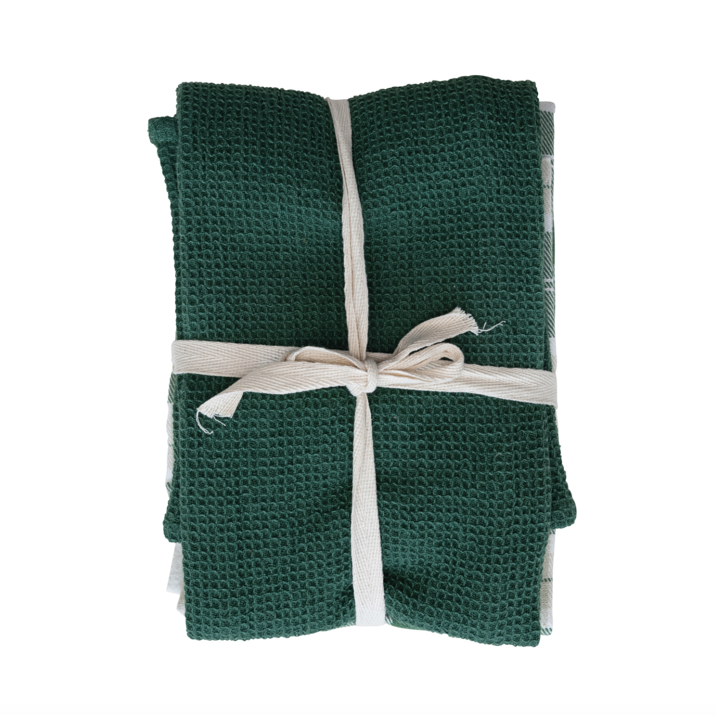 Green & White Cotton Woven/ Waffle Weave Tea Towels, Set of 3