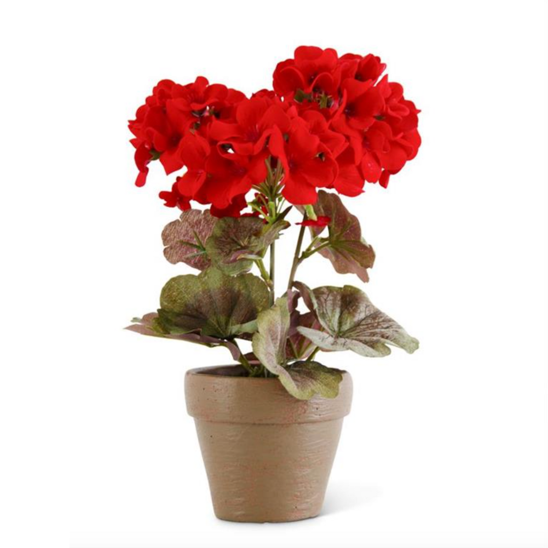 Faux Red Geranium in Clay Pot